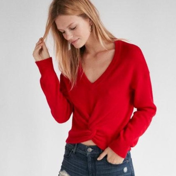 ❤️ Bright Red Knot-Front Long Sleeves V-Neck Brushed Knit Sweater - Picture 1 of 8